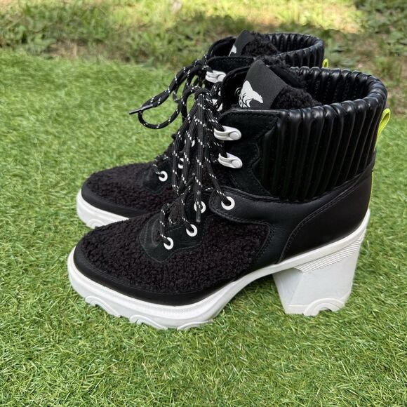Sorel Brex Ankle Boots Womens Size 9 Lace Up Black Leather Fleece White Heel - Picture 5 of 9
